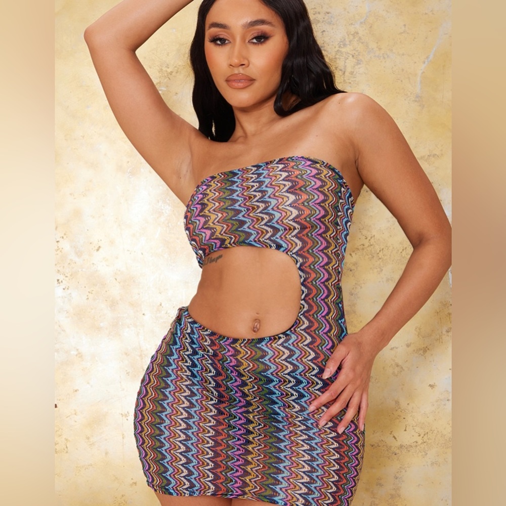 Sheer Textured Bandeau Cut Out Bodycon Dress